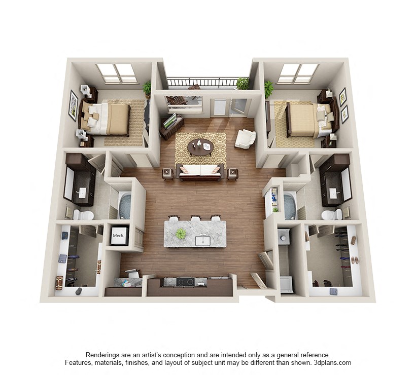 Floor plan for 2 beds, 2 baths, 1195 sqft